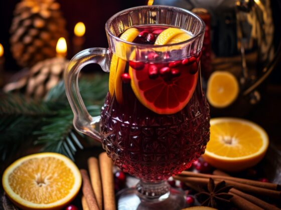 What to drink this holiday season" Wine glass filled with sangria with orange slices