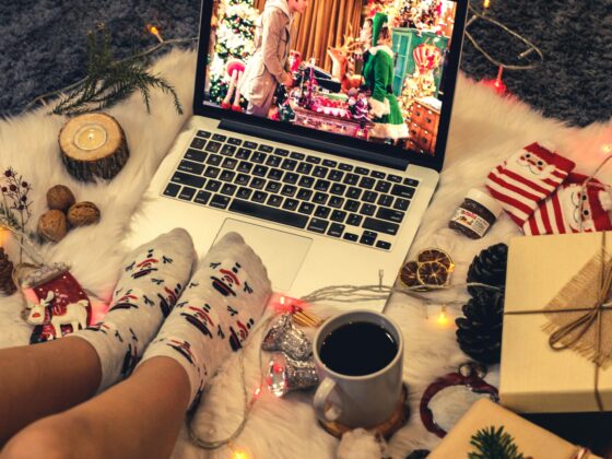 Christmas movies, watching movie on laptop, christmas socks, hot chocolate, holidays, season