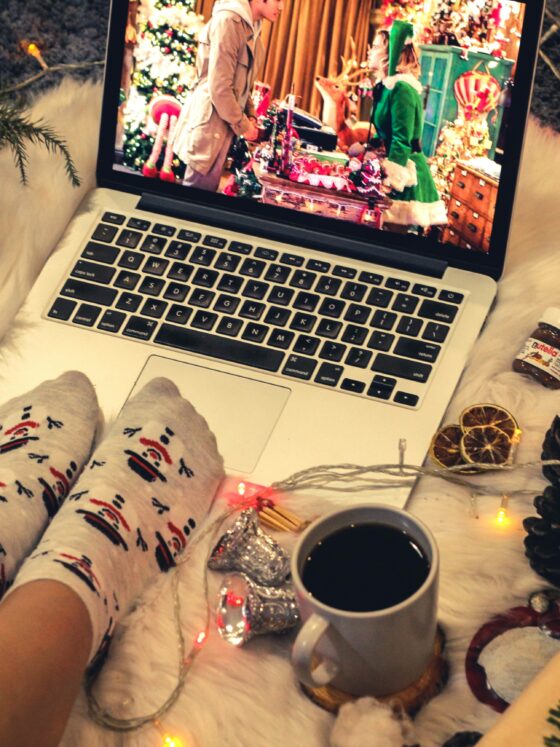 Christmas movies, watching movie on laptop, christmas socks, hot chocolate, holidays, season