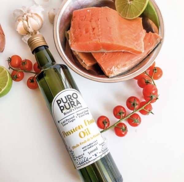 Salmon: Recipe Prep including Puro Pura Oil and tomatoes