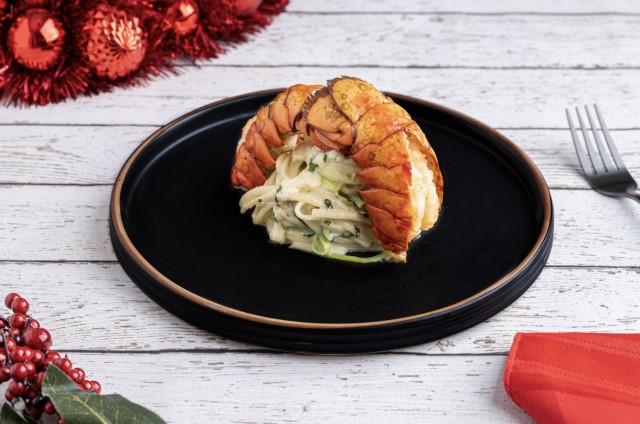 Sustainable: Double Cheese Zucchini Linguini with Broiled Lobster Tail