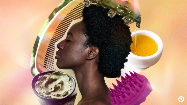 Pinterest Predicts: Woman with natural hair surrounded by scalp treatments