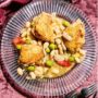 Chicken Thighs: plated over vinegar beans