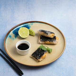 Dumpling: Rice Paper "Dumpling" with Coldwater Shrimp, Cabbage, Kimchi and Seaweed
