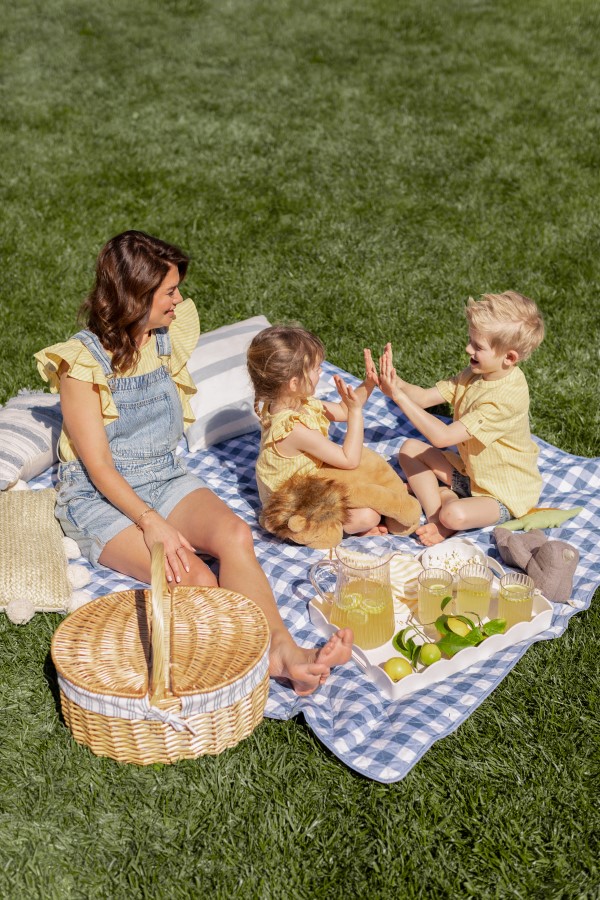 Jillian Harris: Jillian in denim overall shorts with her two kids on a picnic blanket