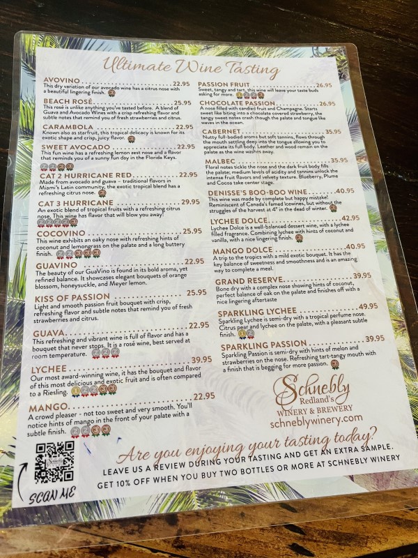 Schnebly’s Winery Wine Tasting Menu