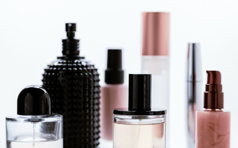 Beauty: Fragrances and Cosmetics sitting on a white counter