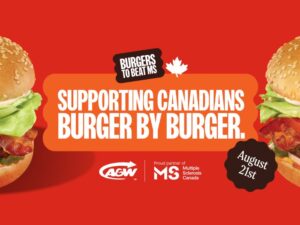 Burgers to Beat MS: Two burgers with "Supporting Canadians Burger by Burger" in between