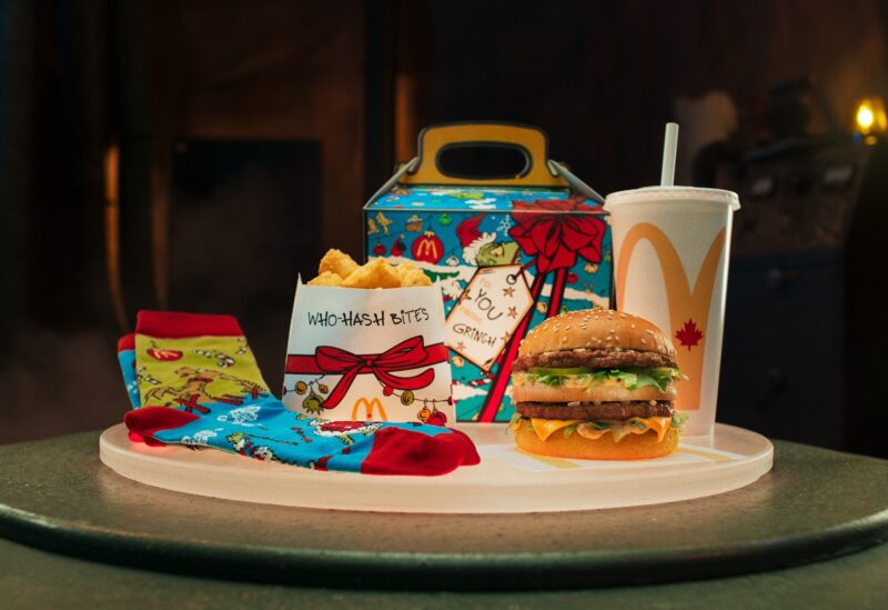 The Grinch Meal: McDonald's Big Mac, soft drink, hash bites and Grinch themed boxes and socks