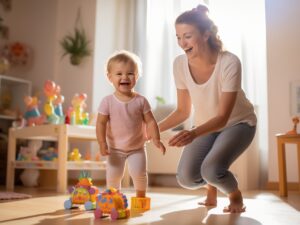Childcare: Toddler and woman in a daycare environment playing with a wooden train