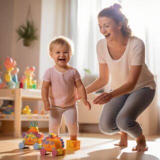 Childcare: Toddler and woman in a daycare environment playing with a wooden train
