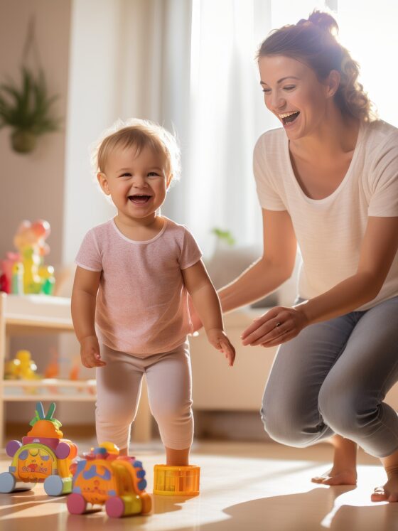 Childcare: Toddler and woman in a daycare environment playing with a wooden train