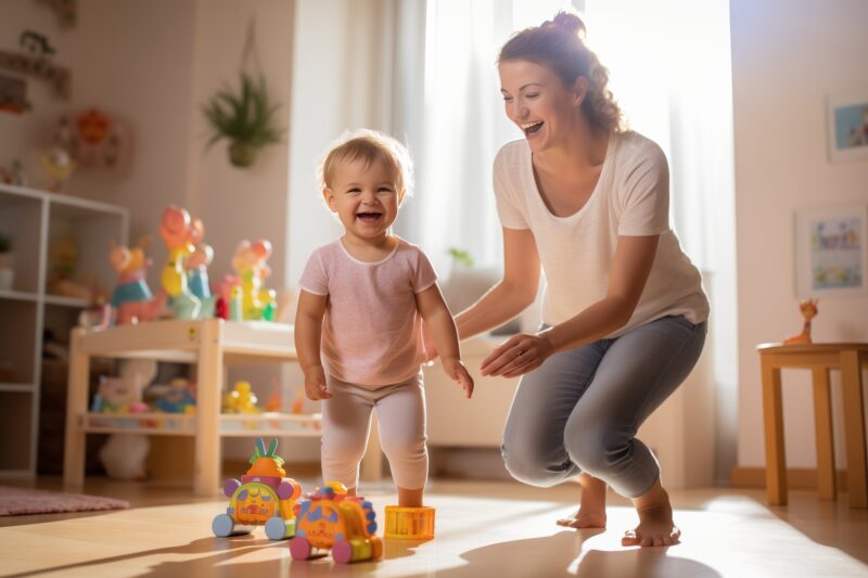 Childcare: Toddler and woman in a daycare environment playing with a wooden train