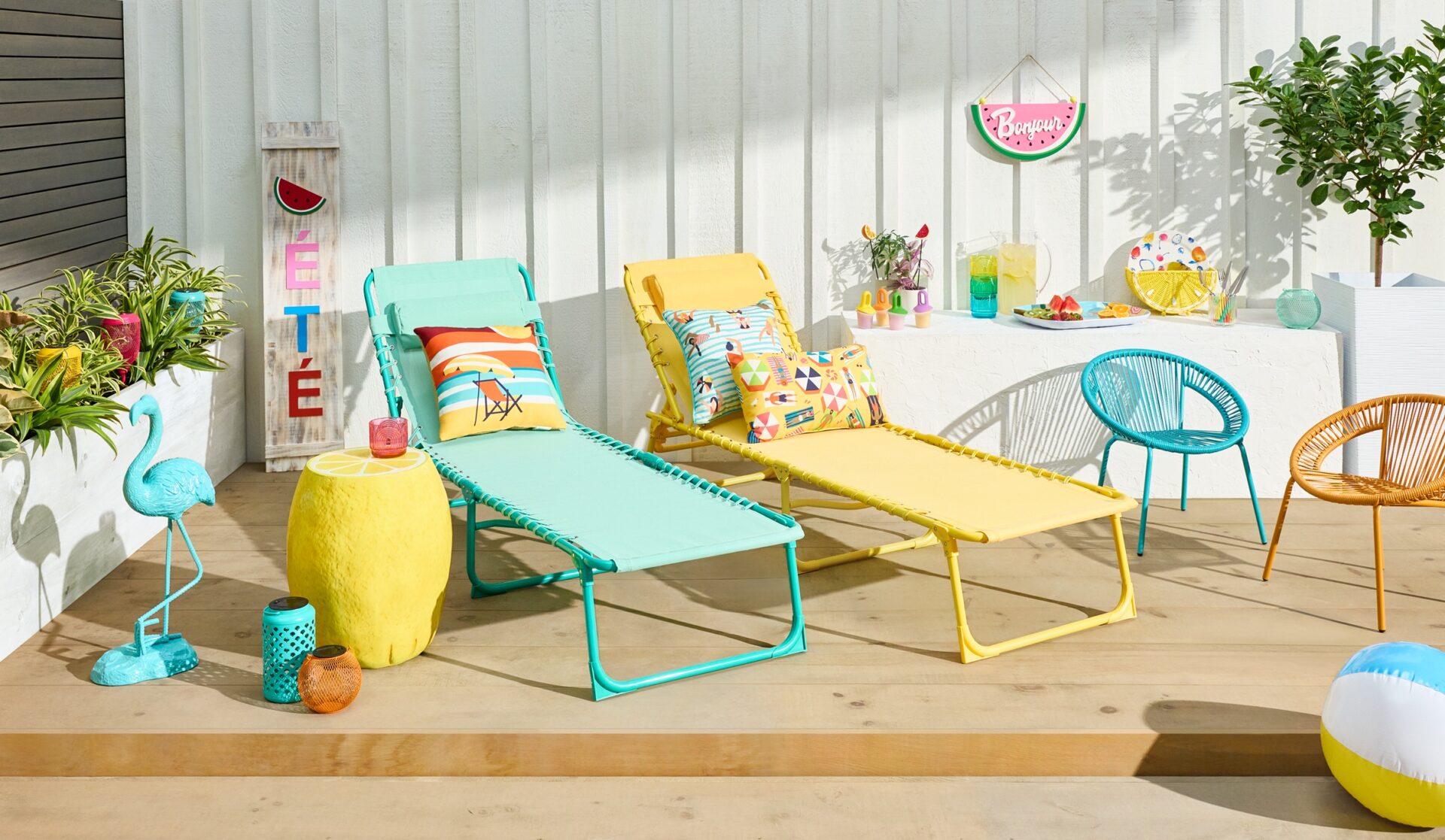Patio Furniture: two loungers and assorted, brightly coloured furniture