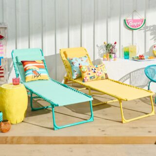 Patio Furniture: two loungers and assorted, brightly coloured furniture
