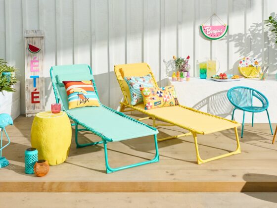 Patio Furniture: two loungers and assorted, brightly coloured furniture