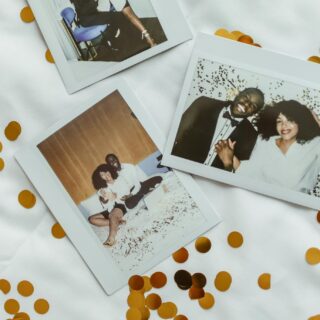 Wedding Photography: Polaroids of a bride and groom set against a white background with gold confetti