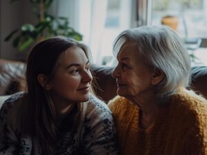 Shiftcare: Young woman sitting next to a much older woman