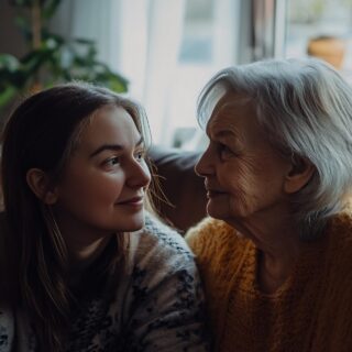 Shiftcare: Young woman sitting next to a much older woman