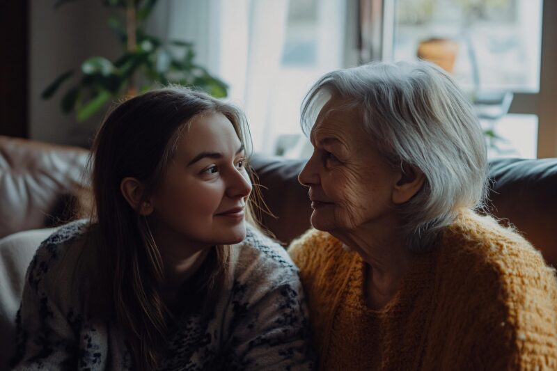 Shiftcare: Young woman sitting next to a much older woman