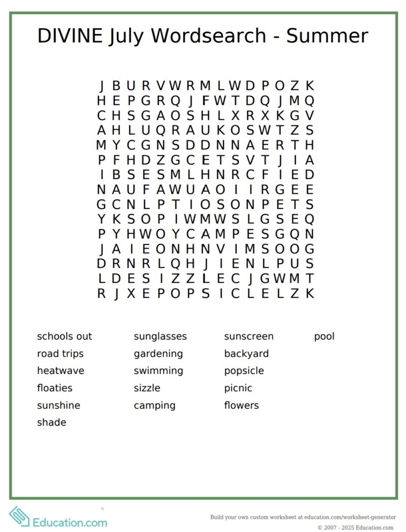 Wordsearch: Summer Wordsearch Worksheet
