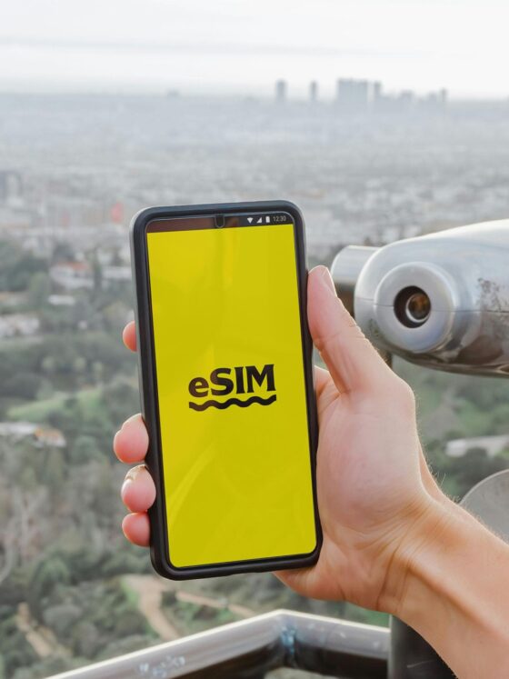 eSim: Hand holding a cell phone with eSim on the screen against a city view background
