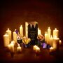 Meal of Misfortune: Wendy's x Wednesday full meal including chicken nuggets, fries, Frosty and themed paper bag amongst candles