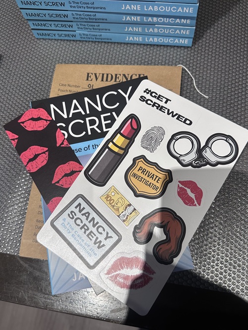 Nancy Screw & the Case of the Dirty Benjamins: Stickers and the book
