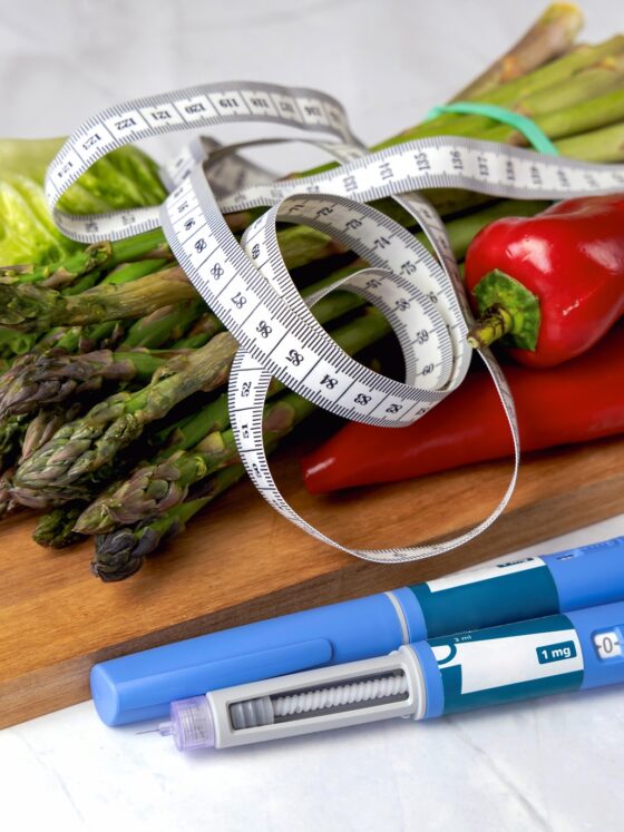 Standard Semaglutide: Ozempic Insulin injection pen for diabetics and weight loss with vegetables and a tape measure