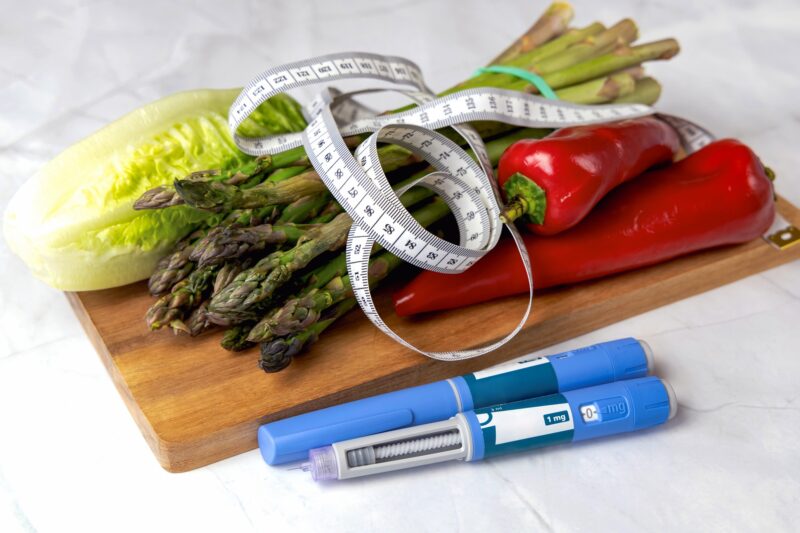 Standard Semaglutide: Ozempic Insulin injection pen for diabetics and weight loss with vegetables and a tape measure