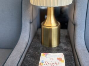 The Bright Hour: The book sitting on a table in the foreground with a brass lamp in the background between two chairs