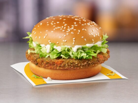 McVeggie Sandwich: Veggie Burger resting on a McDonald's paper wrapper
