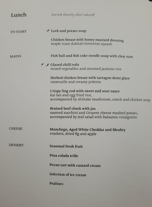 Cathay Pacific Business Class: Lunch Menu