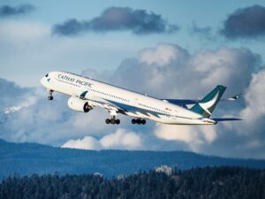 Cathay Pacific Business Class: Cathay Pacific Airbus A350 taking off from Vancouver International Airport
