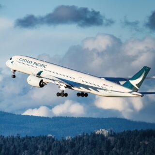 Cathay Pacific Business Class: Cathay Pacific Airbus A350 taking off from Vancouver International Airport