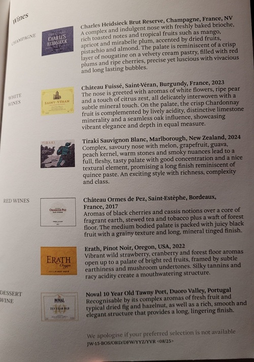 Cathay Pacific Business Class: Wine Menu