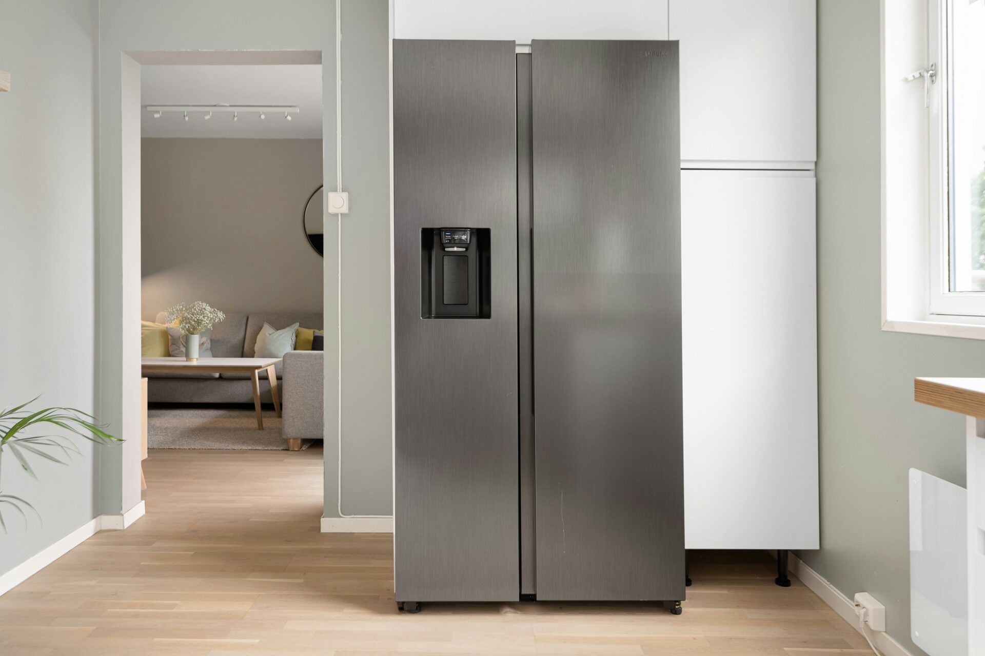 Common Fridge Issues: Stainless Steel Fridge next to a window with hint of living area in the background