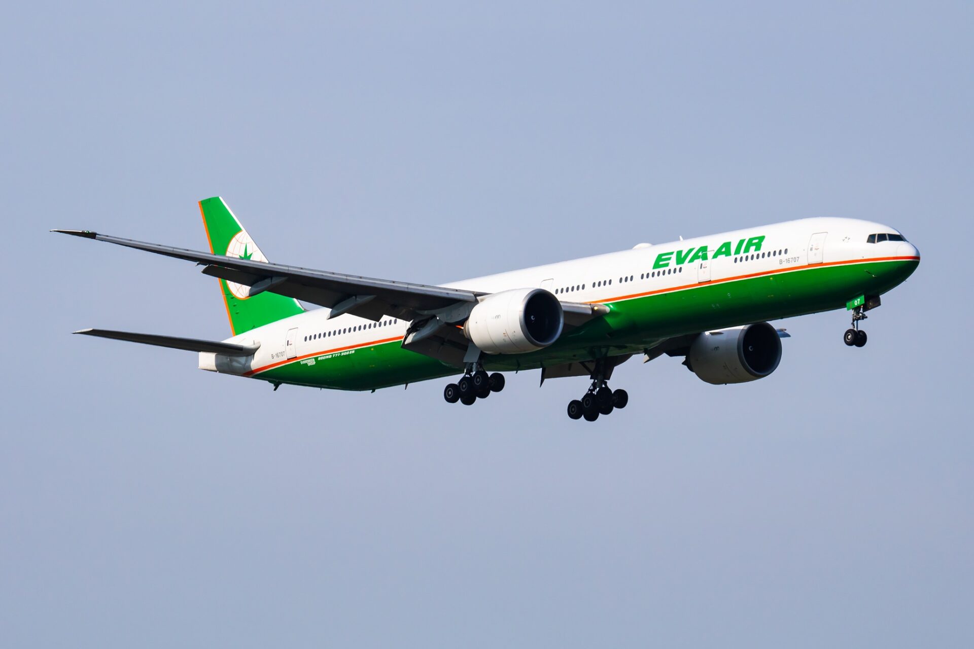 EVA Air Royal Laurel Class: Vienna, Austria - May 20, 2018: EVA Air Boeing 777-300ER B-16707 passenger plane arrival and landing at Vienna Airport