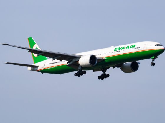 EVA Air Royal Laurel Class: Vienna, Austria - May 20, 2018: EVA Air Boeing 777-300ER B-16707 passenger plane arrival and landing at Vienna Airport