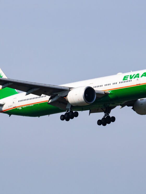 EVA Air Royal Laurel Class: Vienna, Austria - May 20, 2018: EVA Air Boeing 777-300ER B-16707 passenger plane arrival and landing at Vienna Airport