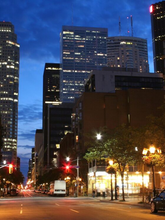 Ontario After Dark: The Esplanade in Toronto with Brookfield Place and other skyscrapers in the background