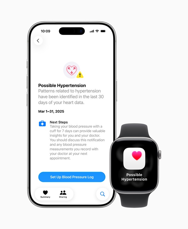 Hypertension Notifications: Apple Watch Series 11 and an iPhone with an indication of possible hypertension and next steps