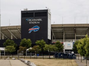 Bills Day: Orchard Park, NY USA- July 25, 2025: Exterior view of Highmark Stadium, home of the NFL team Buffalo Bills.
