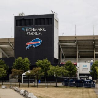 Bills Day: Orchard Park, NY USA- July 25, 2025: Exterior view of Highmark Stadium, home of the NFL team Buffalo Bills.