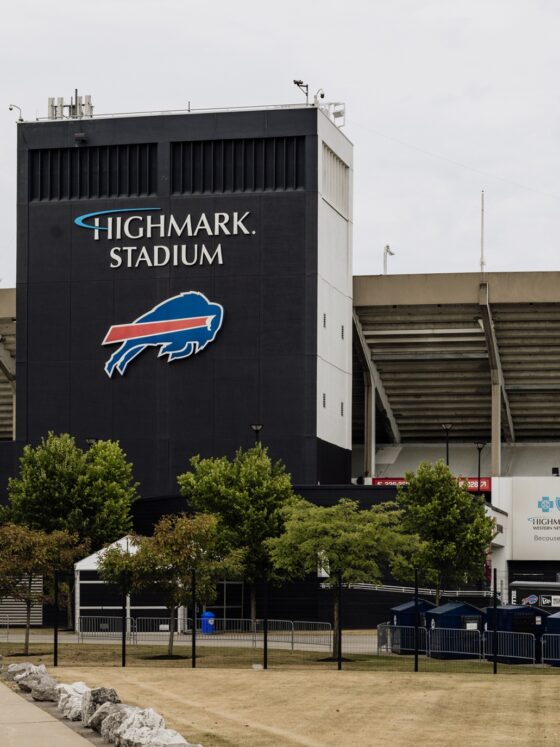 Bills Day: Orchard Park, NY USA- July 25, 2025: Exterior view of Highmark Stadium, home of the NFL team Buffalo Bills.