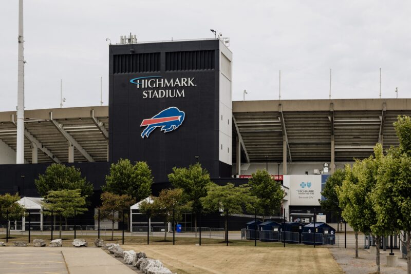Bills Day: Orchard Park, NY USA- July 25, 2025: Exterior view of Highmark Stadium, home of the NFL team Buffalo Bills.