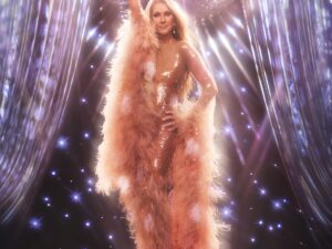Star Confidence: Celine Dion in an evening gown in stage lighting