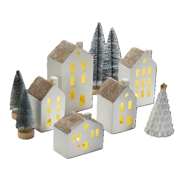 Holiday Ready: CANVAS Ceramic LED Christmas House Decoration Set, White, 10-pc