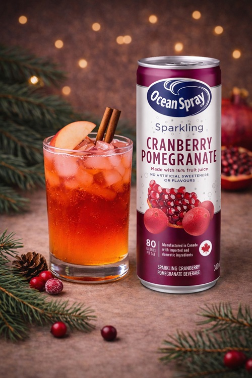 Holiday Ritual: Can of Ocean Spray Sparkling Cranberry Promegranate next to a cocktail in a rocks glass