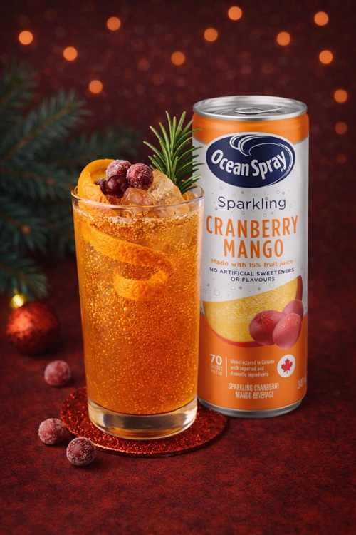 Holiday Ritual: Can of Ocean Spray Sparkling Cranberry Mango next to a cocktail